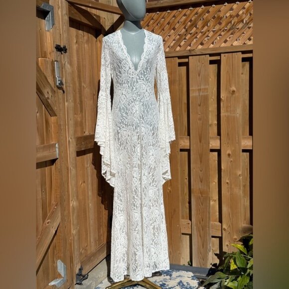 🆕 ALEXANDRA MIRO 🧿 NWOT Kara Long Boylen Sleeve Kaftan, Ivory Lace - Sz M - Picture 3 of 14